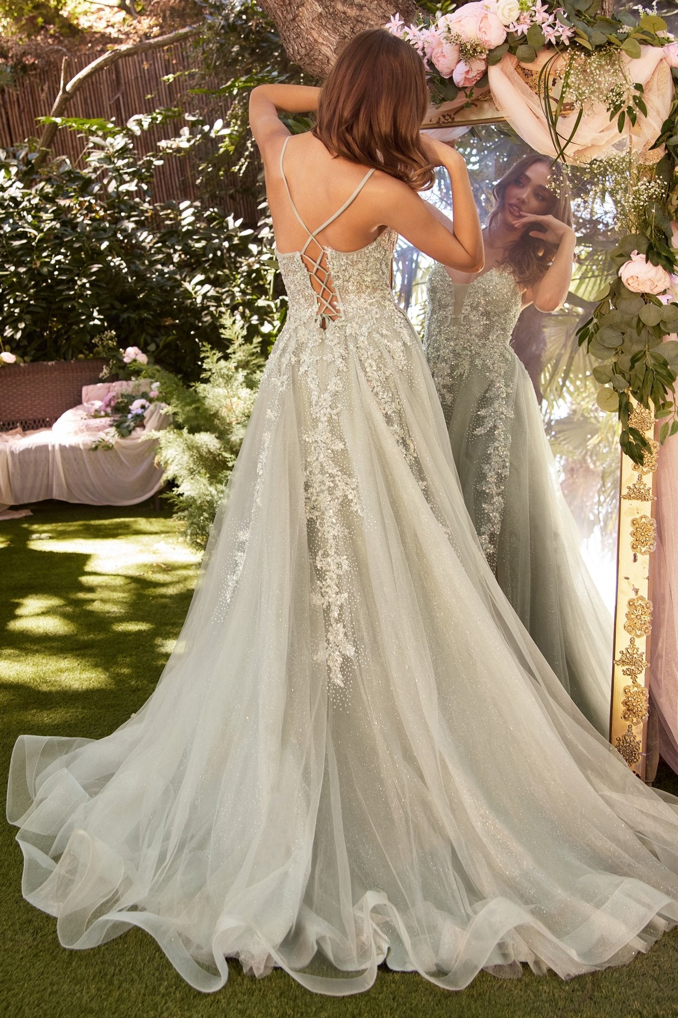Enchanted Iridescent A-Line Plunging V-Neck Layered Glitter Tulle Gown #A1261