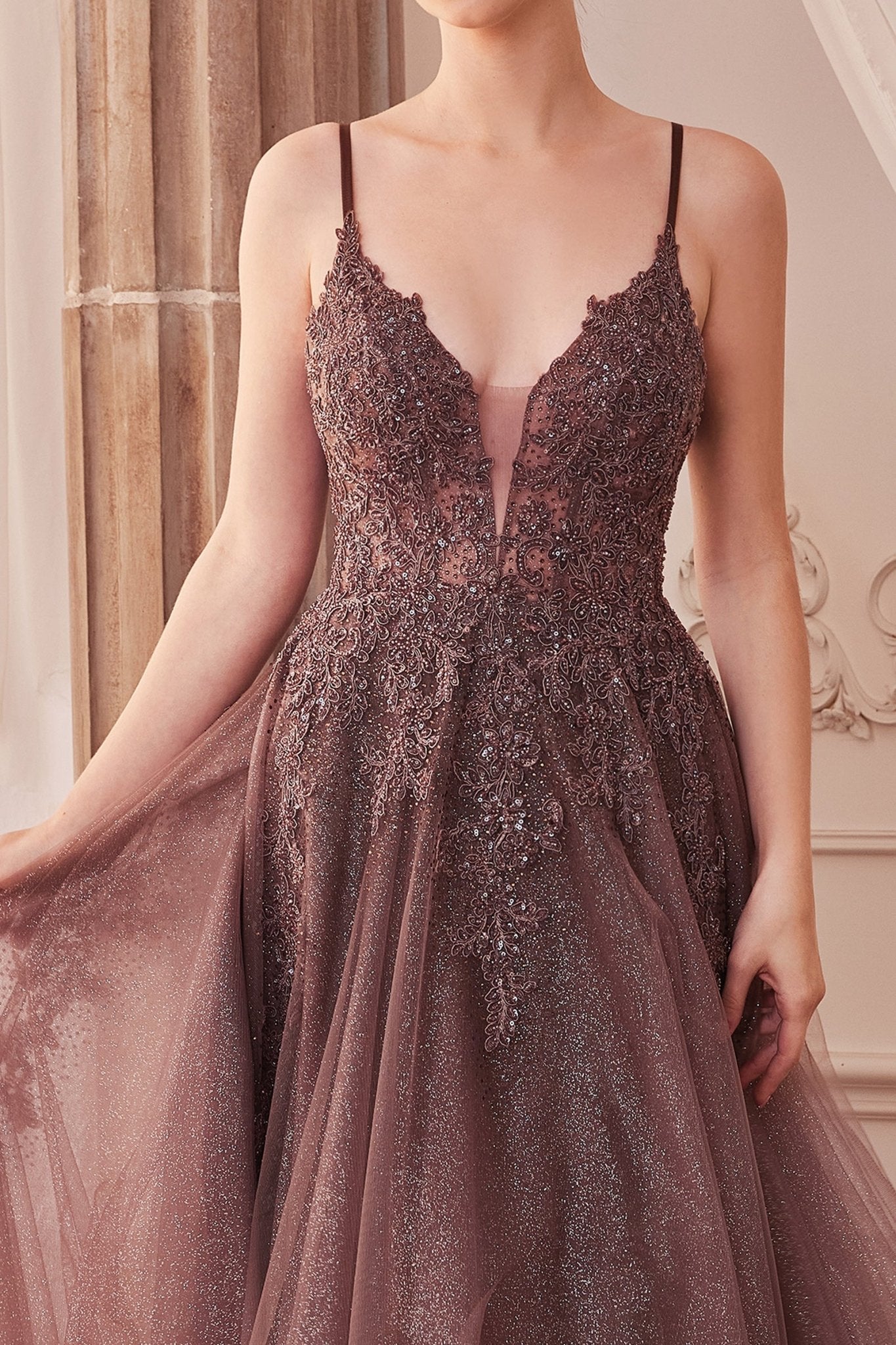 Enchanted Iridescent A-Line Plunging V-Neck Layered Glitter Tulle Gown #A1261