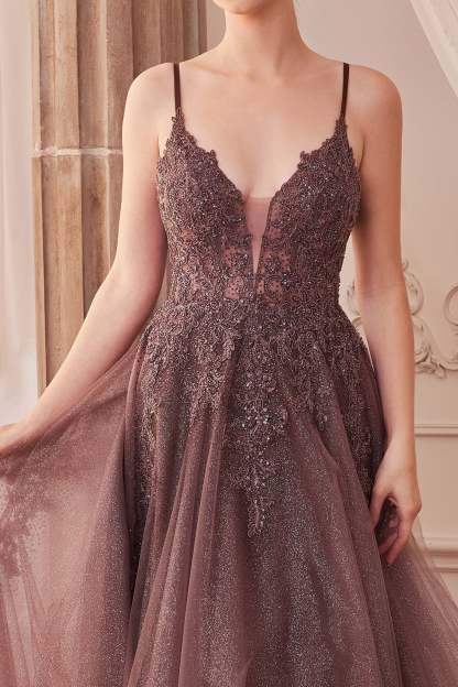 Enchanted Iridescent A-Line Plunging V-Neck Layered Glitter Tulle Gown #A1261