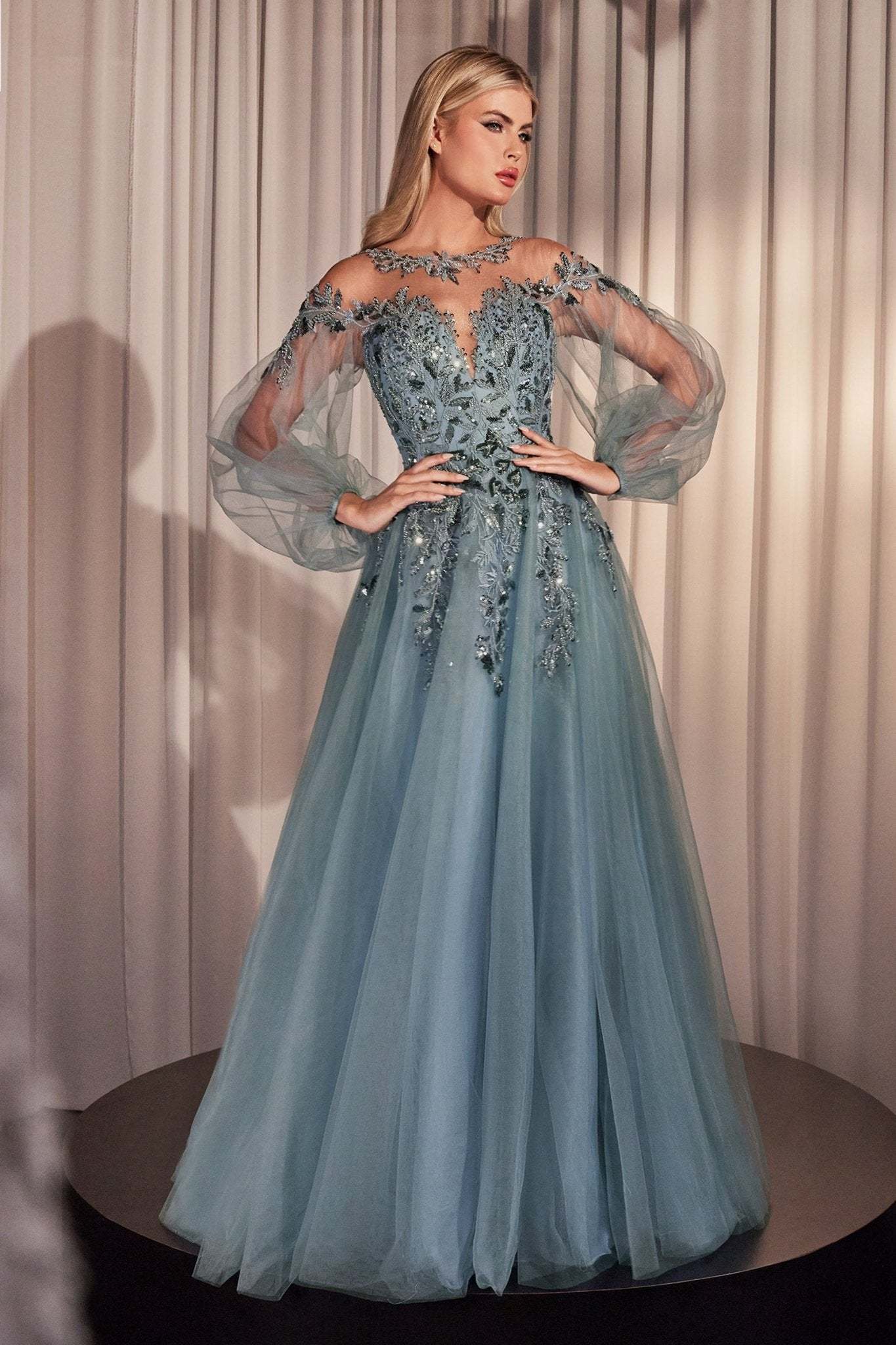 Elegance Illusion Neck Layers Tulle Ace Appliques Bishop Sleeve Gown #A1263