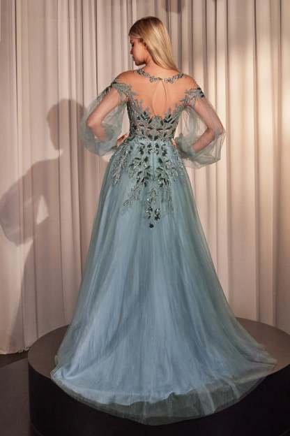 Elegance Illusion Neck Layers Tulle Lace Appliques Bishop Sleeve Gown #A1263