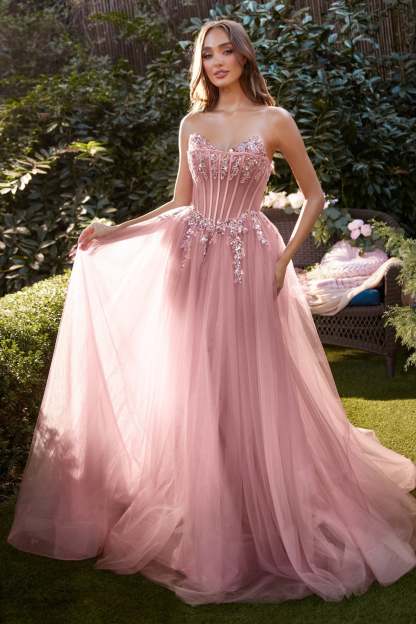 Romance A-Line Strapless Delicate Lace Appliqué Tulle Gown #A1267