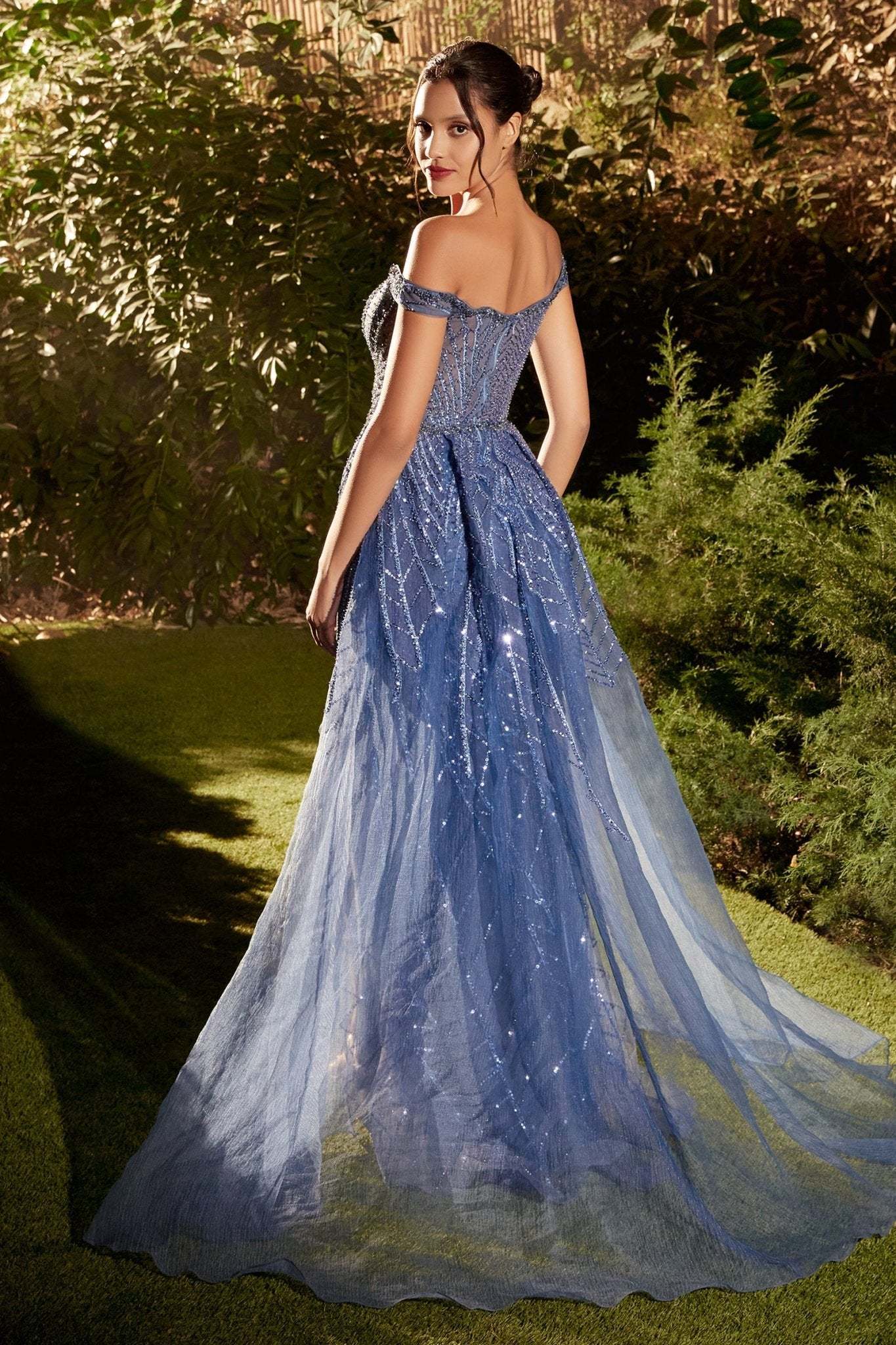 Breathtaking Off-The-Shoulder Fully Lapis Blue Beaded Gown #A1278