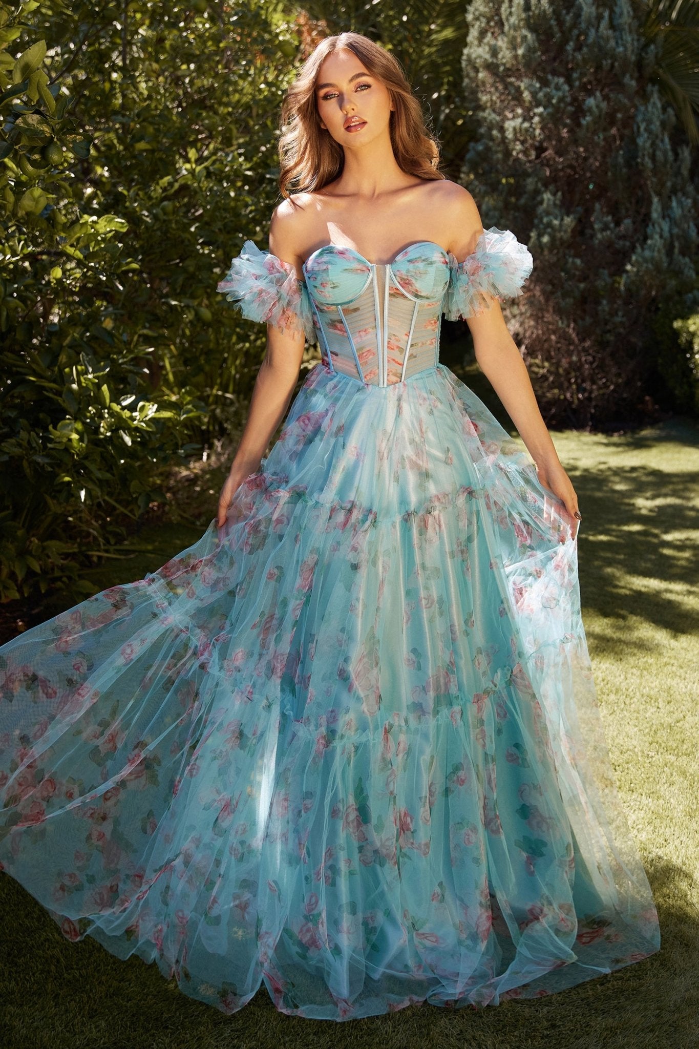A-Line Off-The-Shoulder Pleated Floral Printed Tulle Gown #A1285