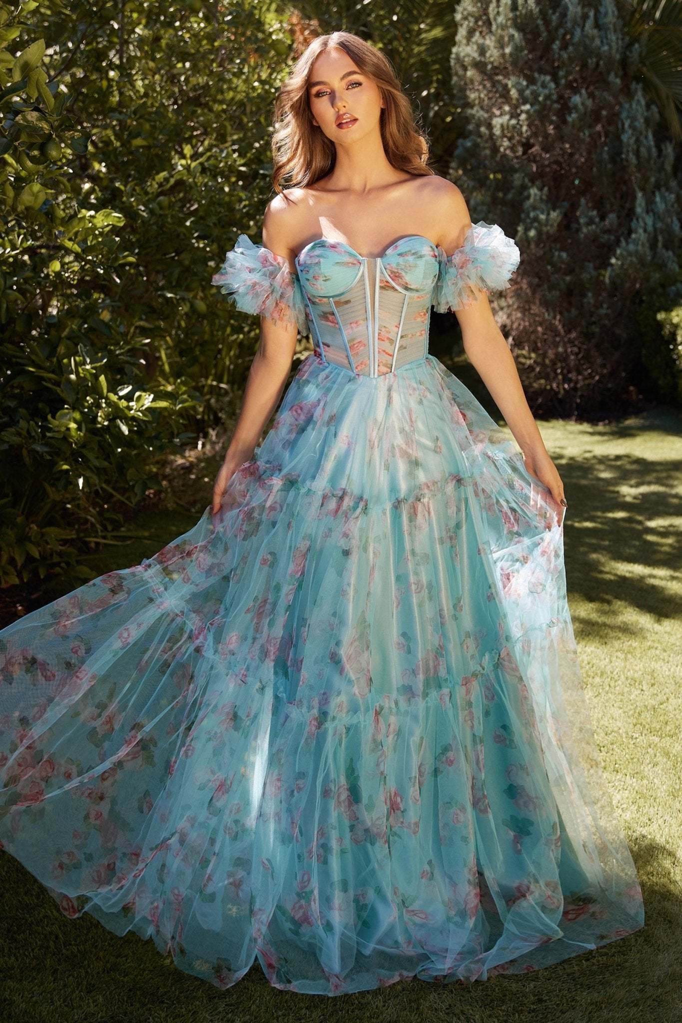 A-Line Off-The-Shoulder Pleated Floral Printed Tulle Gown #A1285