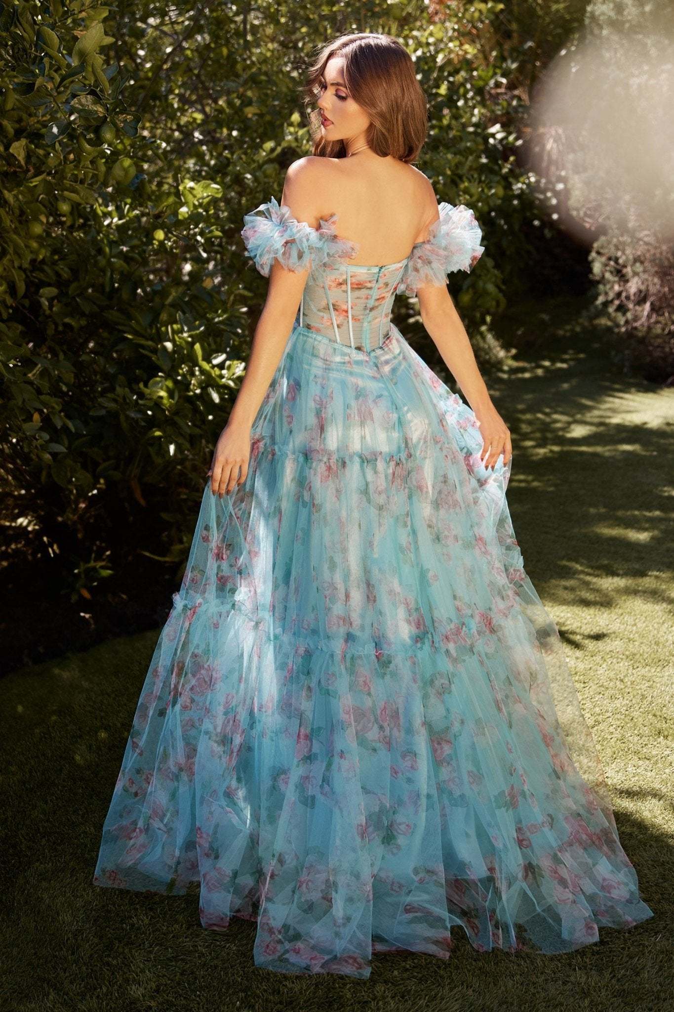 A-Line Off-The-Shoulder Pleated Floral Printed Tulle Gown #A1285