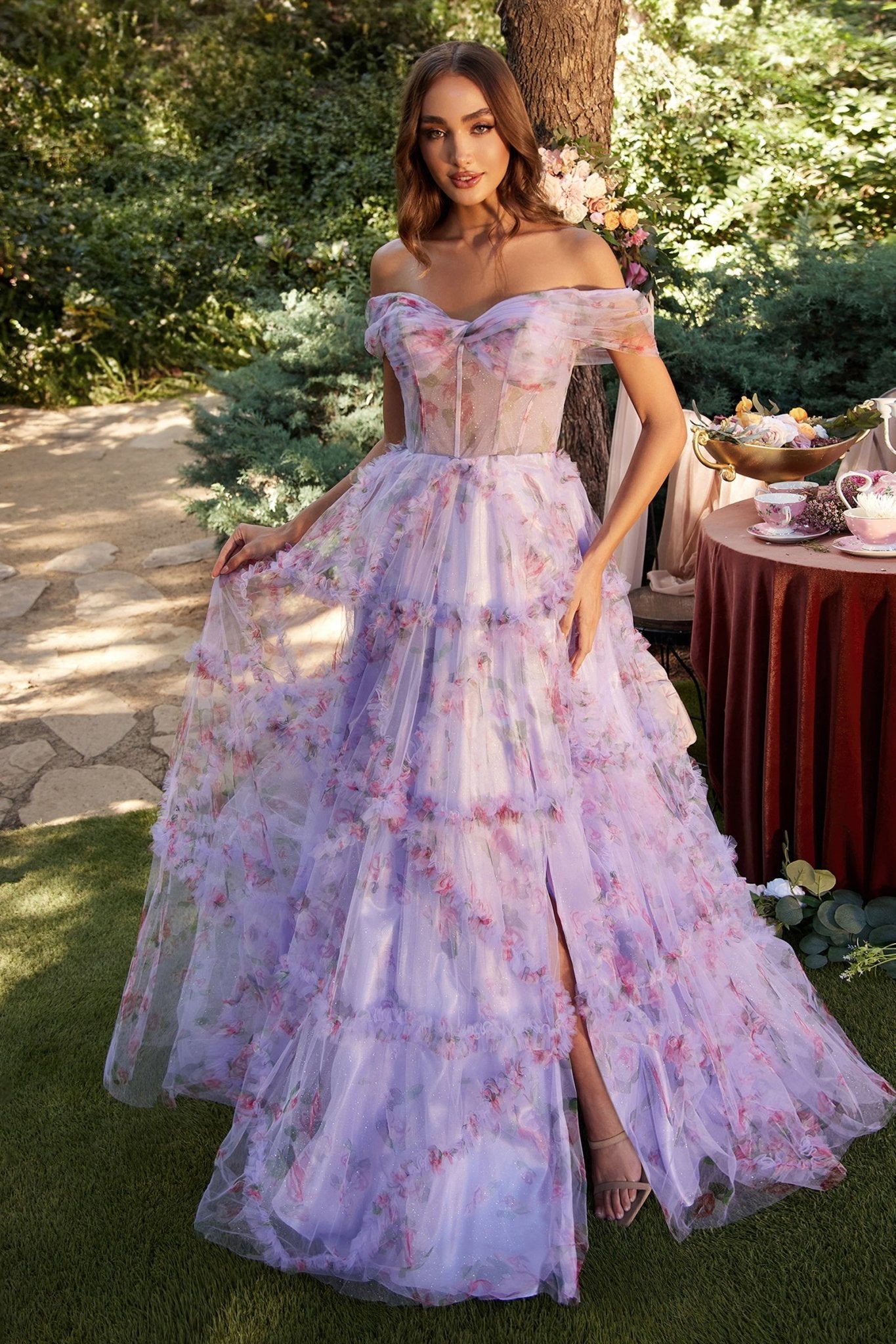 A-Line Off-The-Shoulder Lavender Floral Printed Tulle Gown #A1286