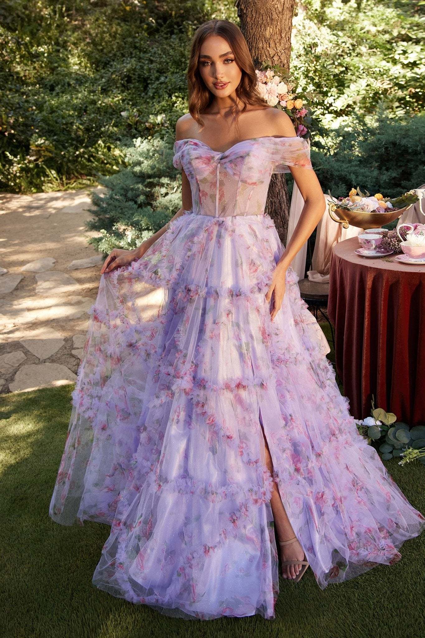 A-Line Off-The-Shoulder Lavender Floral Printed Tulle Gown #A1286