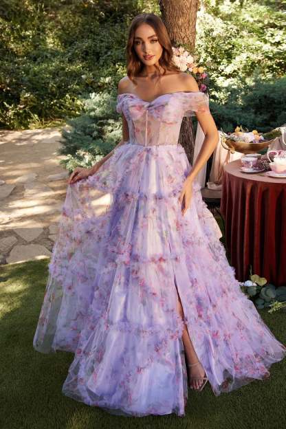 A-Line Off-The-Shoulder Lavender Floral Printed Tulle Gown #A1286