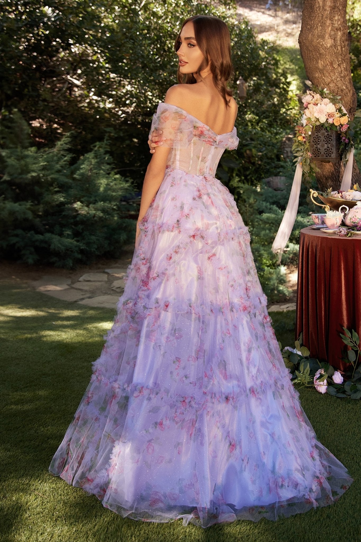 A-Line Off-The-Shoulder Lavender Floral Printed Tulle Gown #A1286