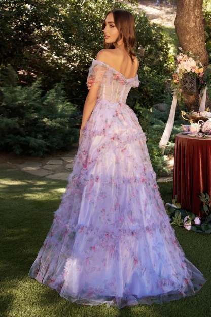 A-Line Off-The-Shoulder Lavender Floral Printed Tulle Gown #A1286