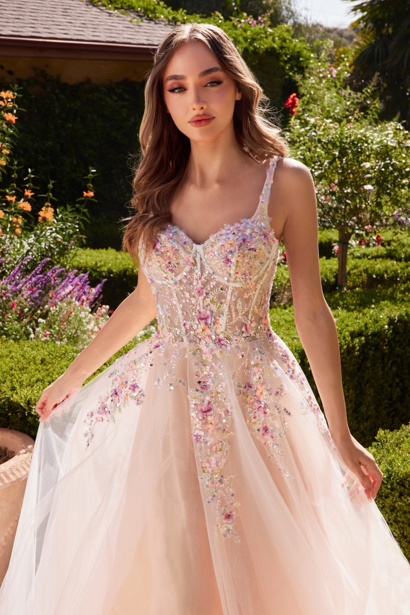 Romance A-Line Sweetheart Layers Tulle Floral Motif Off-White Gown #A1288