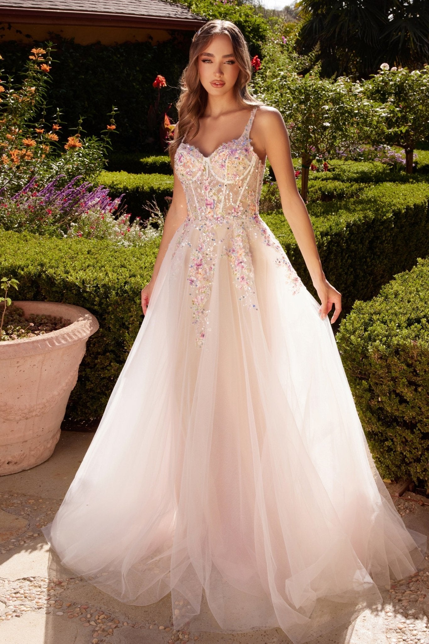 Romance A-Line Sweetheart Layers Tulle Floral Motif Off-White Gown #A1288