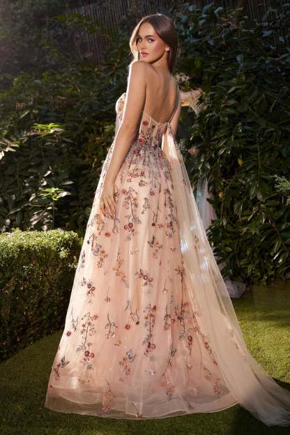 Delicate  A-Line One-Shoulder Nude Floral Embroidery Gown #A1289
