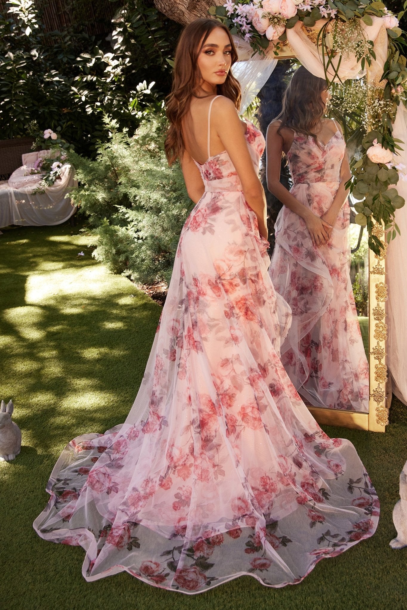 A-Line Pleated V-Neck Tiered Blush Floral Printed Gown #A1290