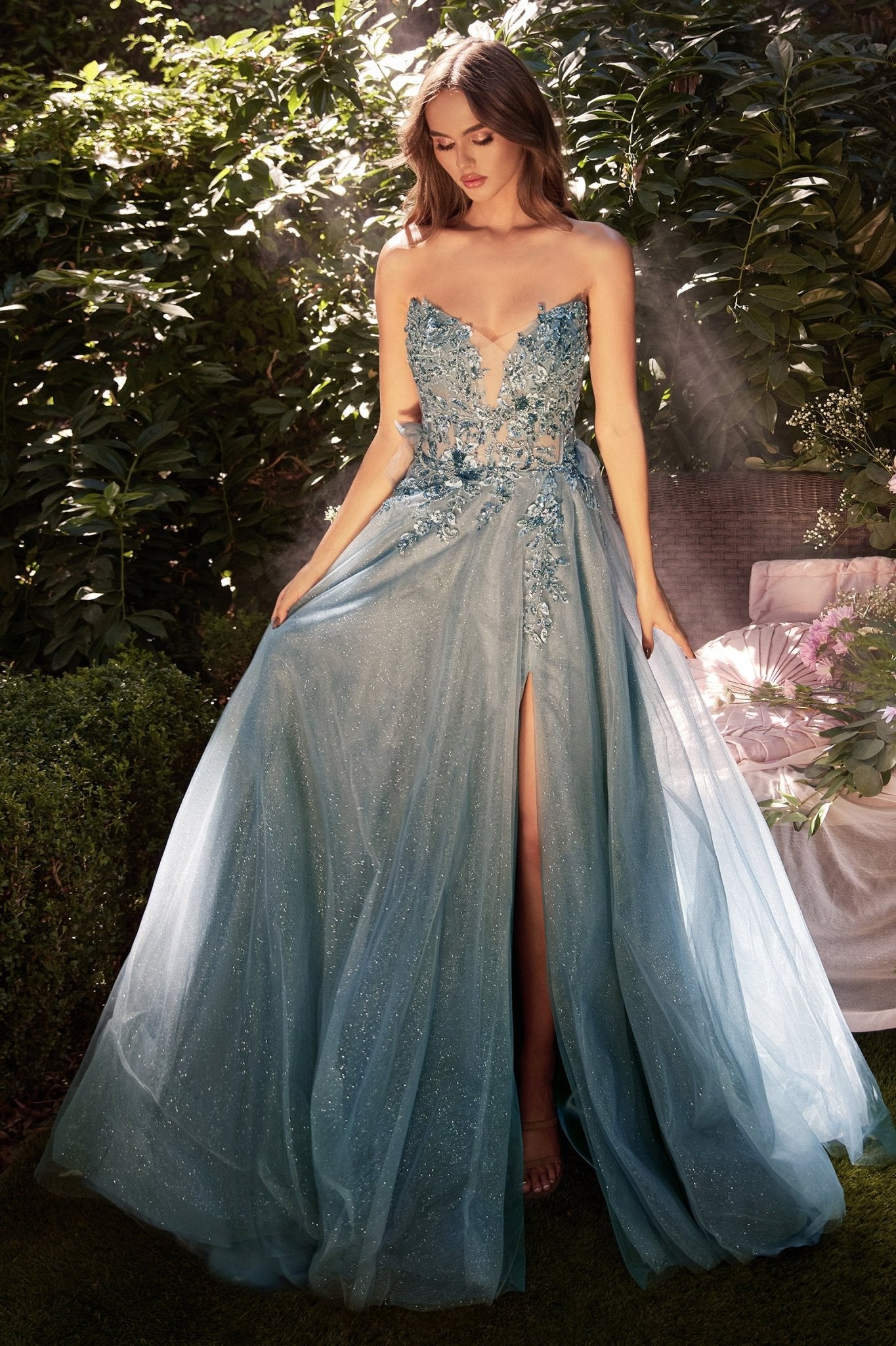 A-Line Plunging V-Neck Lace Appliqué Strapless Glitter Tulle Layer Gown #A1303