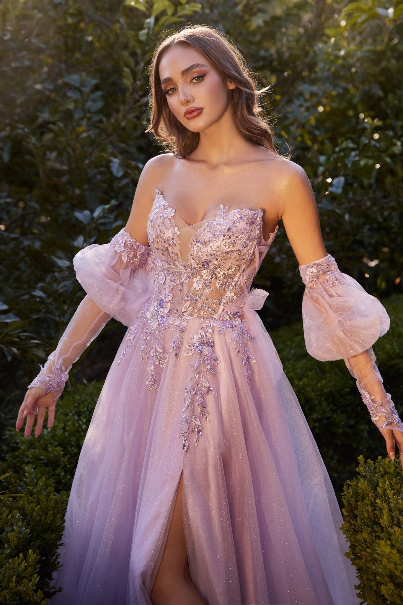 A-Line Plunging V-Neck Lace Appliqué Strapless Glitter Tulle Layer Gown #A1303