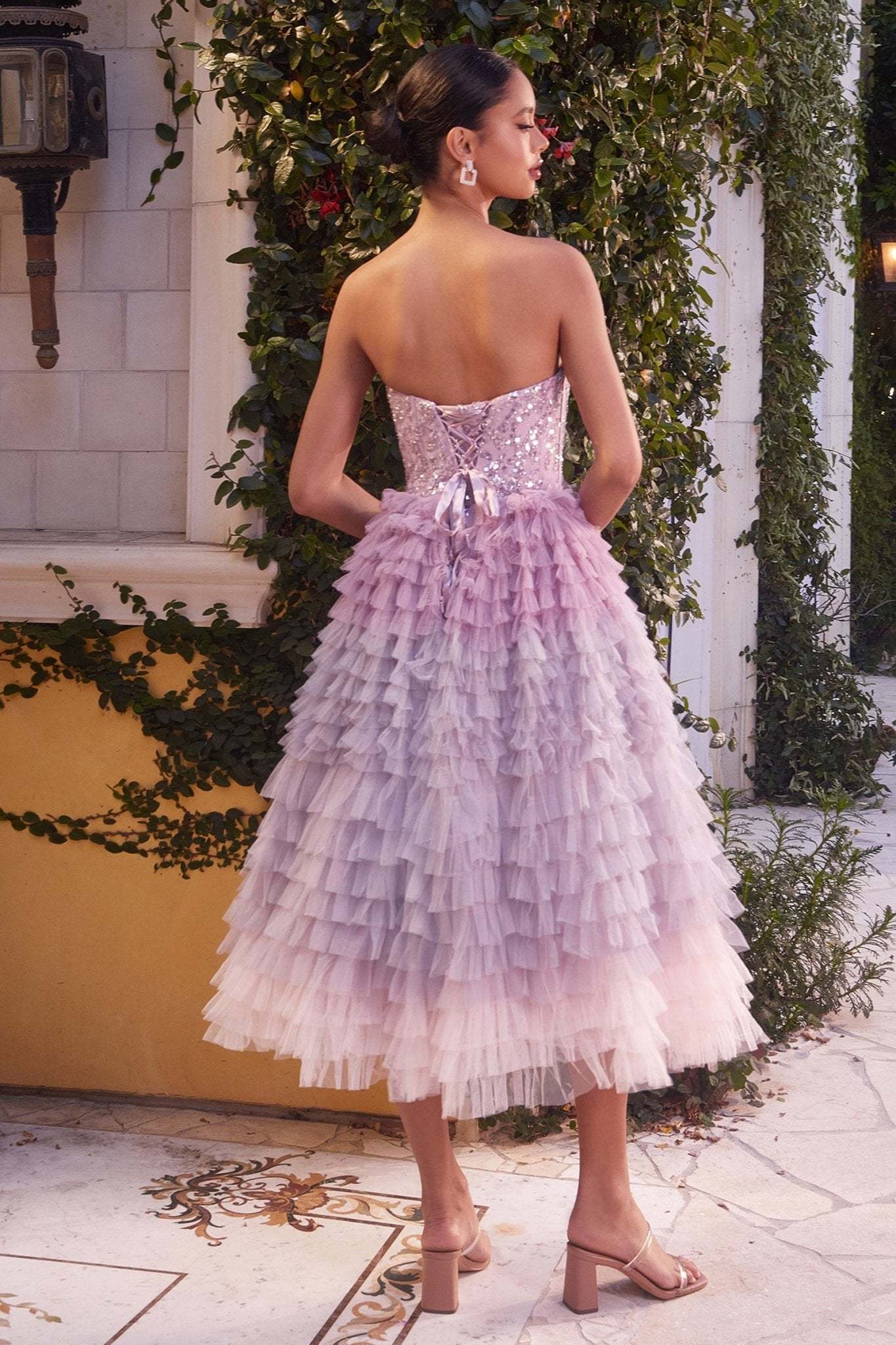 Ombre Ruffle Tulle Skirt Strapless Tea Length Gown #A1309