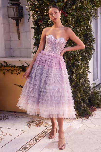 Ombre Ruffle Tulle Skirt Strapless Tea Length Gown #A1309