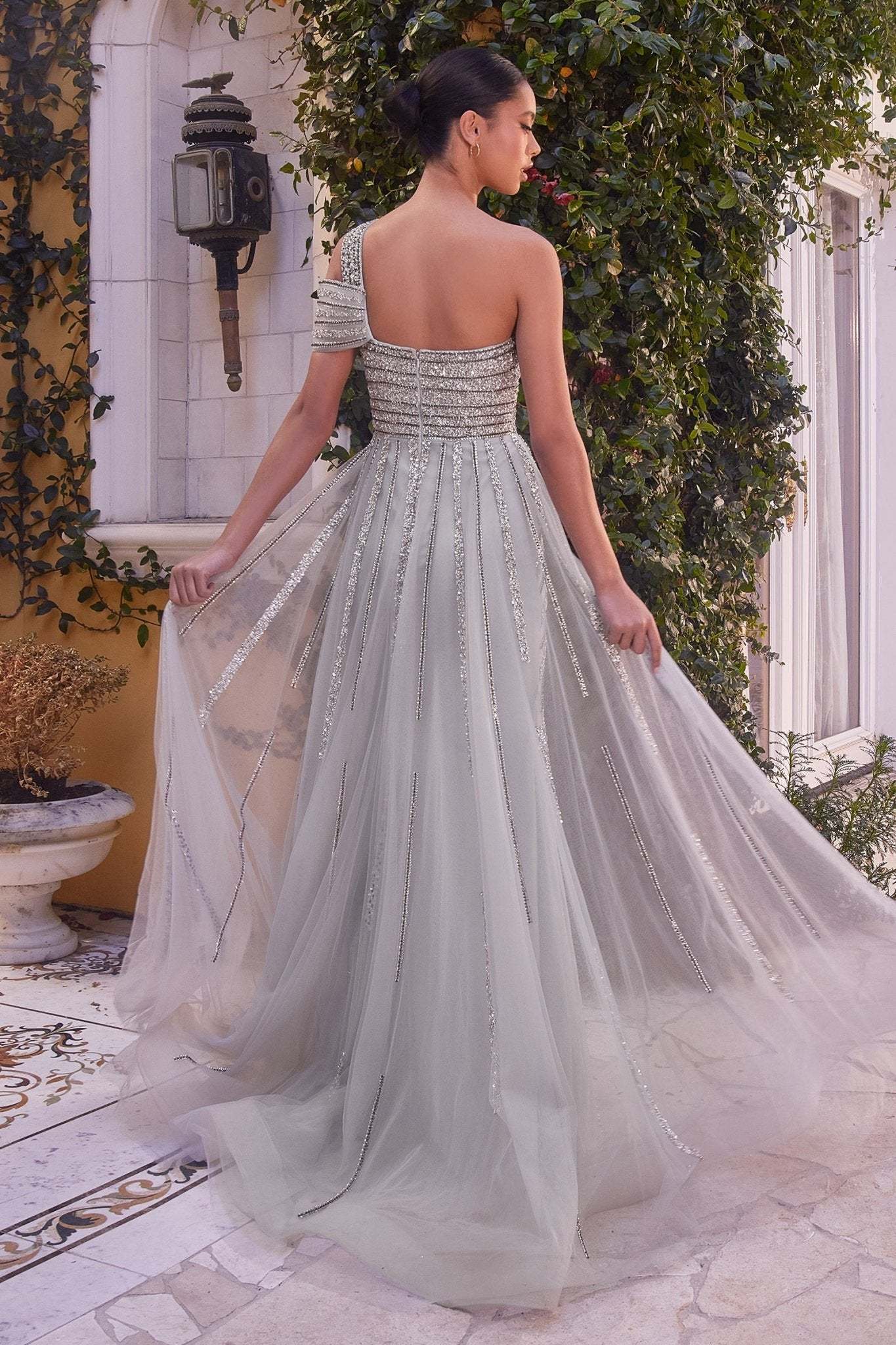 Romantic Fitted Cold Shoulder Beaded Crystal Tulle Silver Gown #A1314