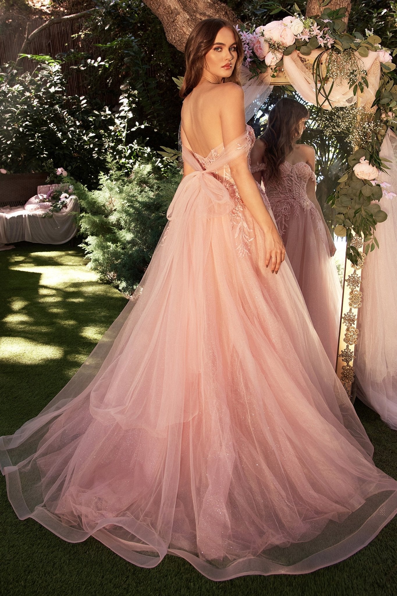 A-Line Lace-Appliqued Strapless Layered Tulle Gown #A1322