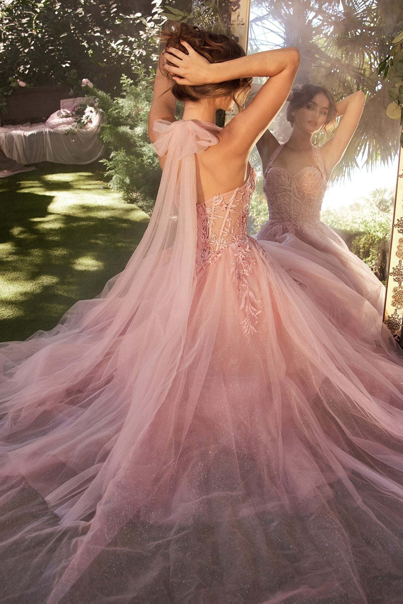 A-Line Lace-Appliqued Strapless Layered Tulle Gown #A1322