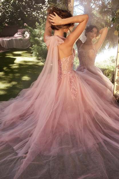 A-Line Lace-Appliqued Strapless Layered Tulle Gown #A1322