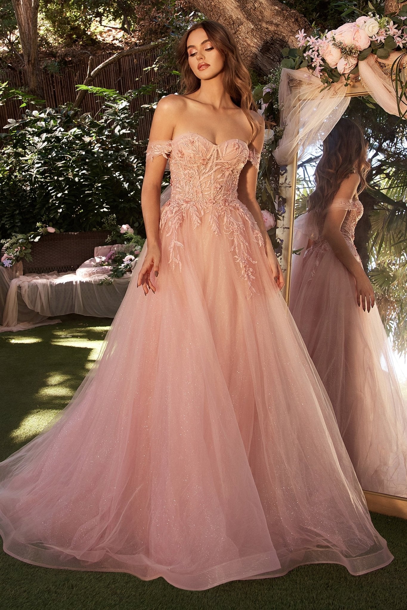 A-Line Lace-Appliqued Strapless Layered Tulle Gown #A1322