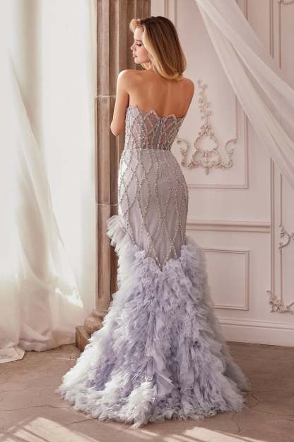 Romance Plunging V-Neck Strapless Beaded Ruffle Mermaid Gown #A1325