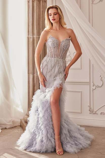Romance Plunging V-Neck Strapless Beaded Ruffle Mermaid Gown #A1325