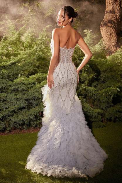 Romance Plunging V-Neck Strapless Beaded Ruffle Mermaid Gown #A1325