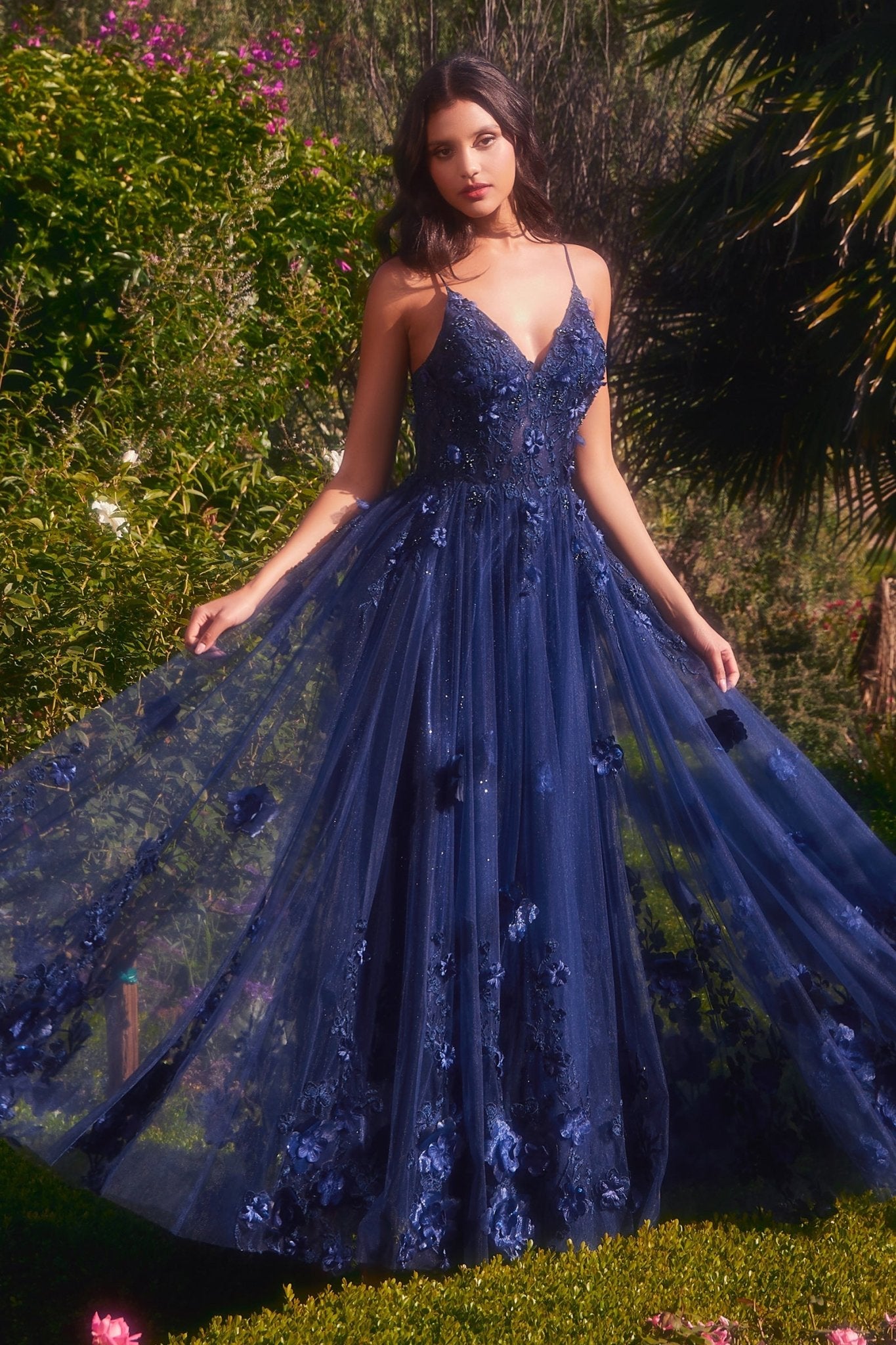 Romance A-Line V-Neck Layered Tulle Skirt Floral Appliques Gown #A1326