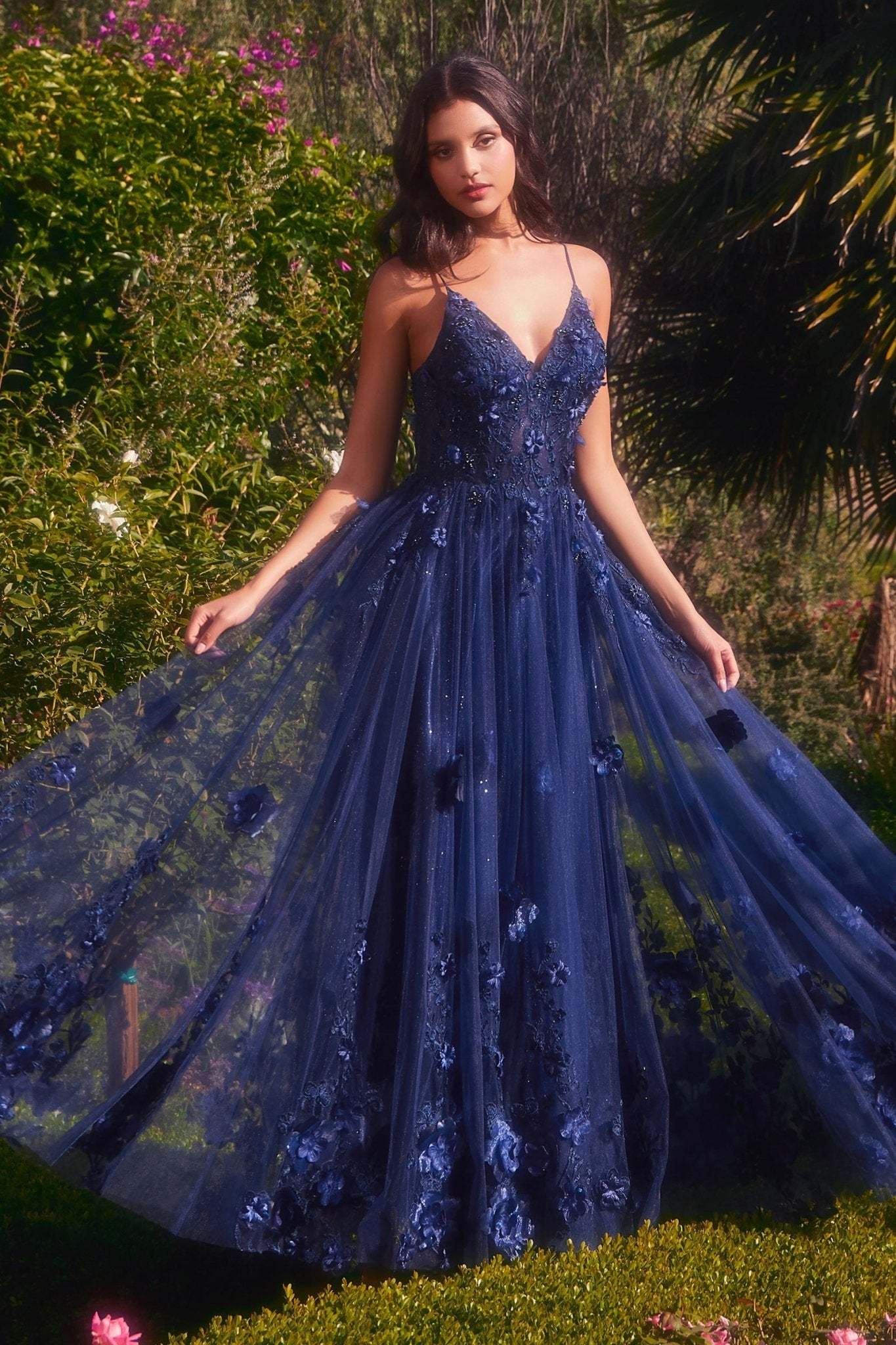 Romance A-Line V-Neck Layered Tulle Skirt Floral Appliques Gown #A1326