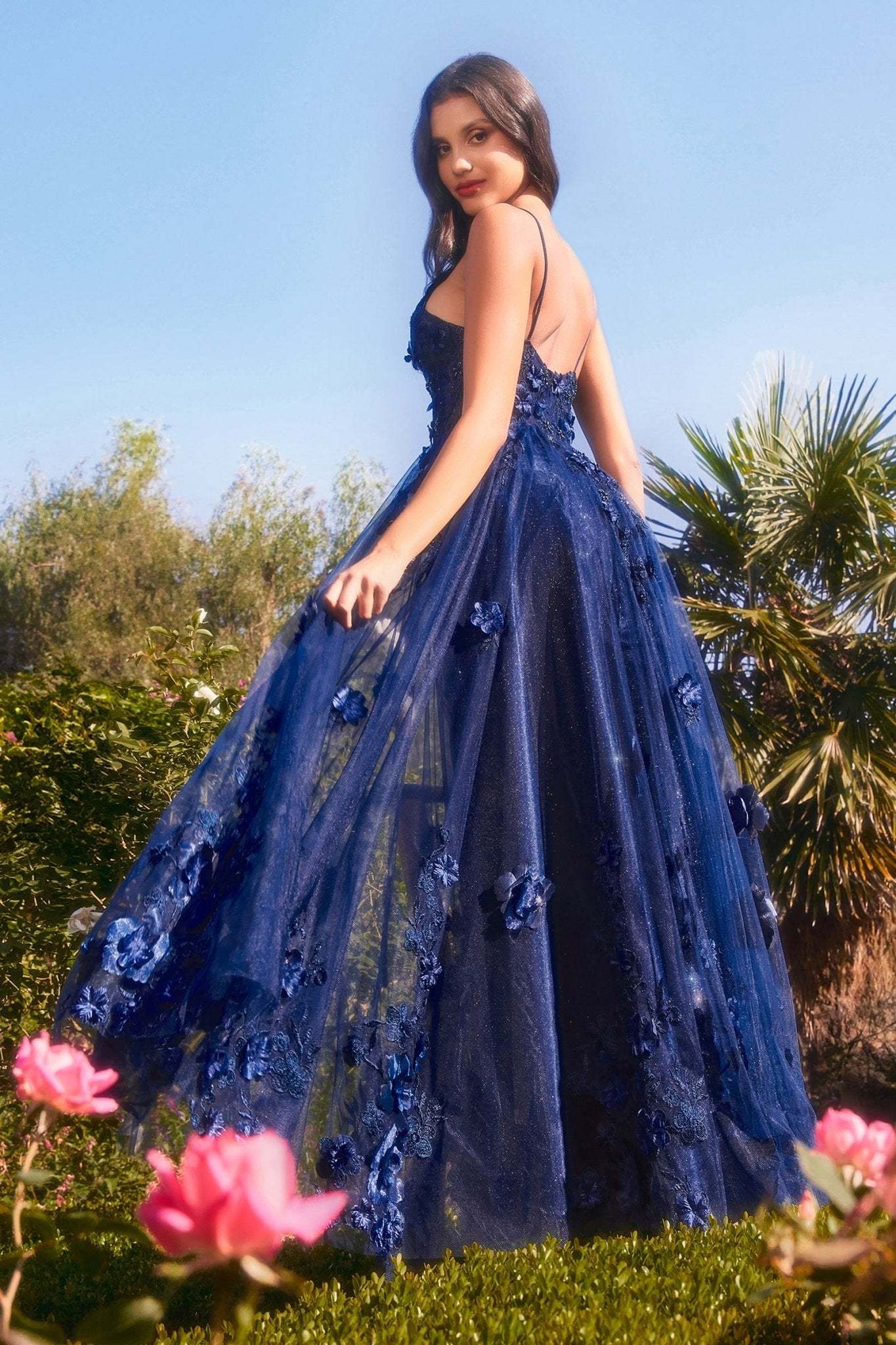 Romance A-Line V-Neck Layered Tulle Skirt Floral Appliques Gown #A1326