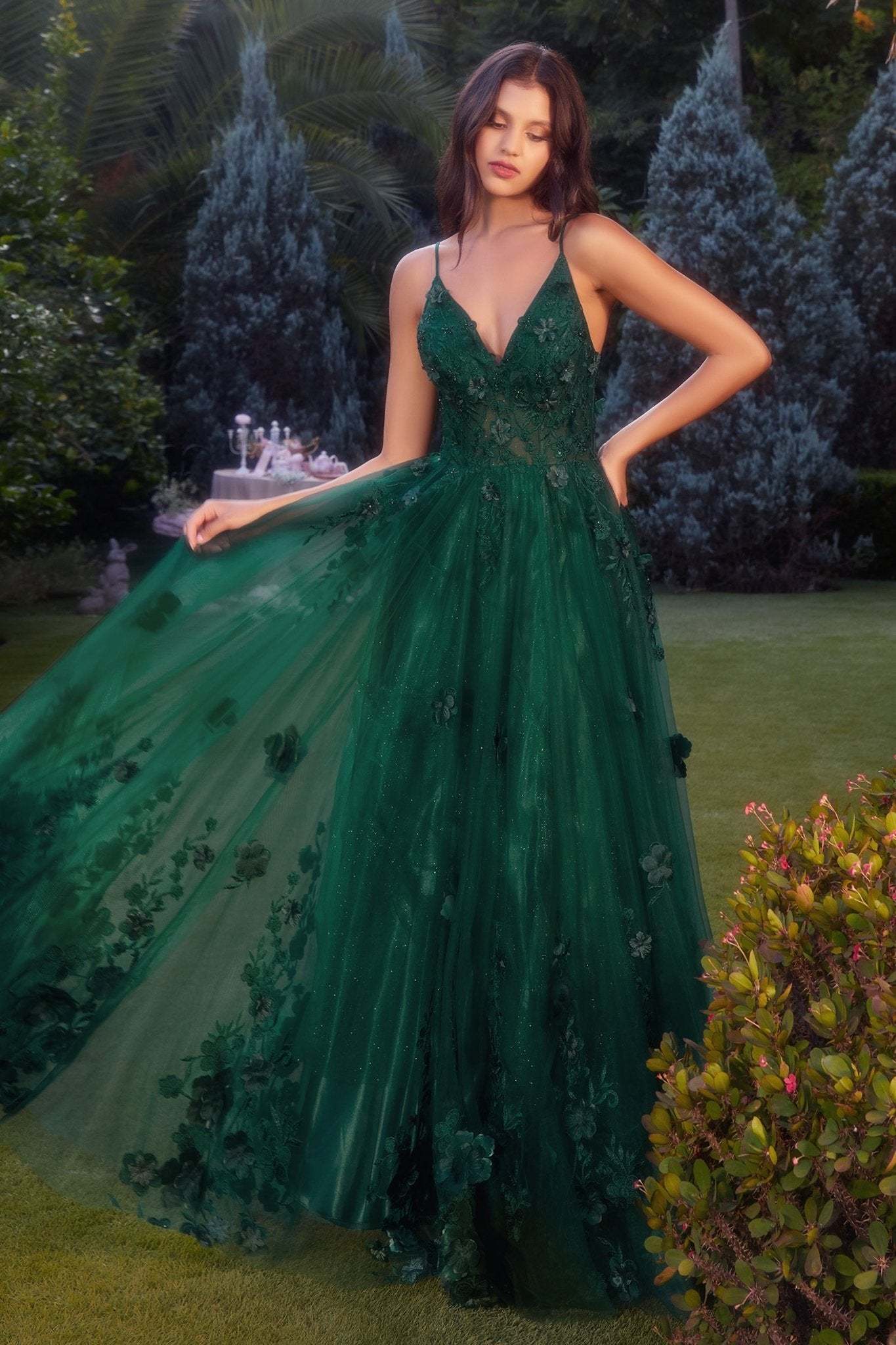 Romance A-Line V-Neck Layered Tulle Skirt Floral Appliques Gown #A1326
