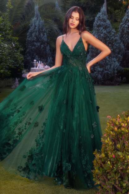 Romance A-Line V-Neck Layered Tulle Skirt Floral Appliques Gown #A1326