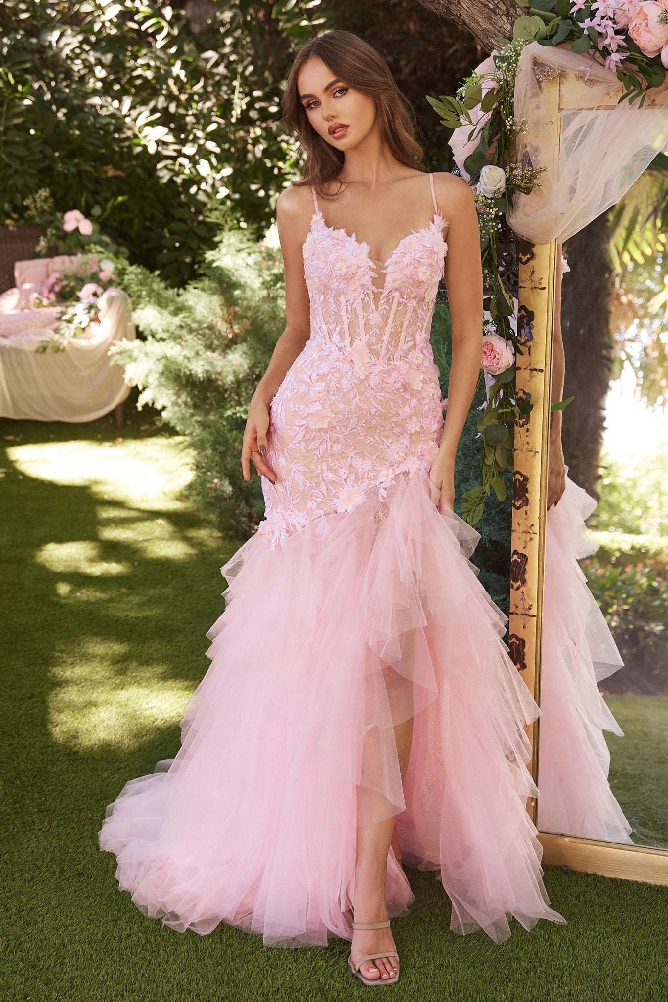 Fitted V-Neck Thin Straps Whispering Nymph Lace Mermaid Gown #A1327