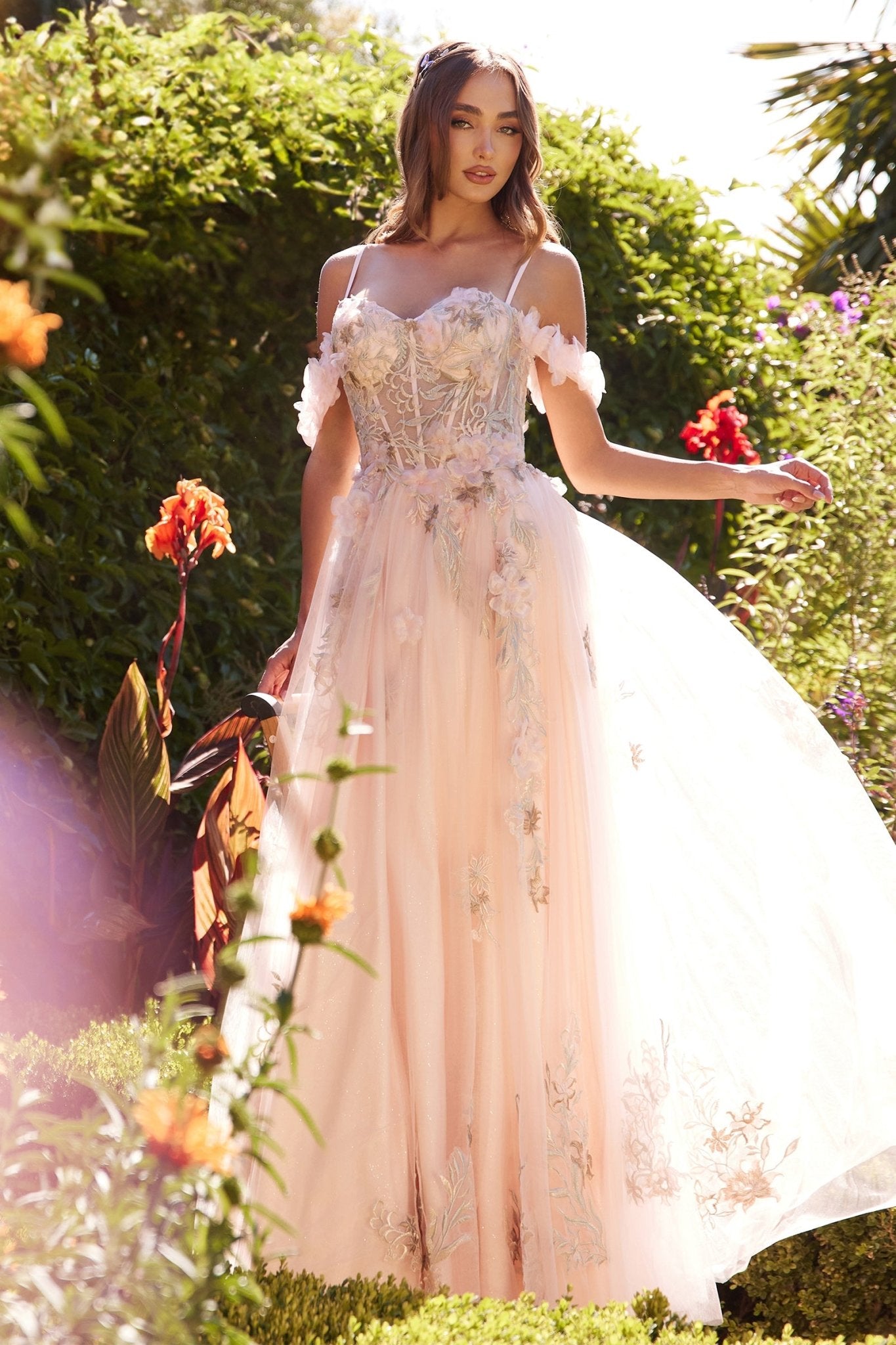 A-Line Thin Straps Lace-Appliqued Layered Tulle Gown #A1330