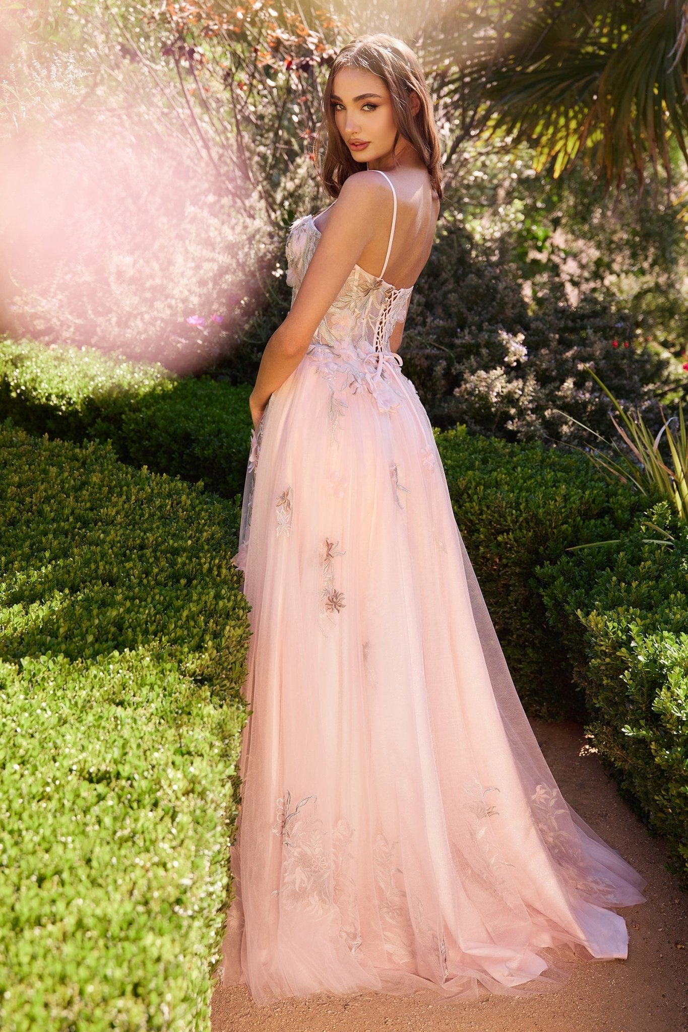 A-Line Thin Straps Lace-Appliqued Layered Tulle Gown #A1330