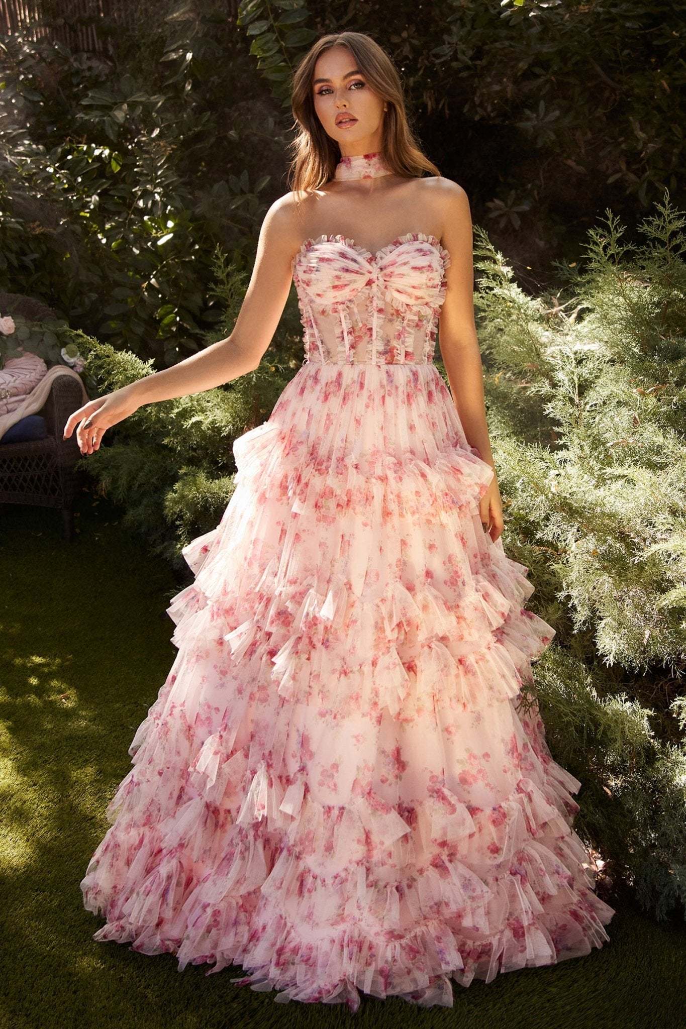 A-Line Sweetheart Strapless Floral-Printed Tulle Layered Ruffles Gown #A1334