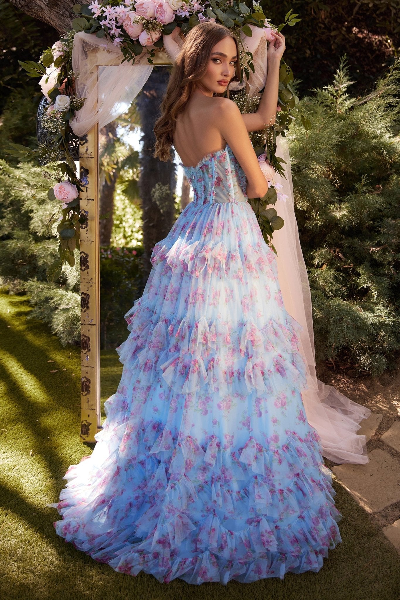 A-Line Sweetheart Strapless Floral-Printed Tulle Layered Ruffles Gown #A1334