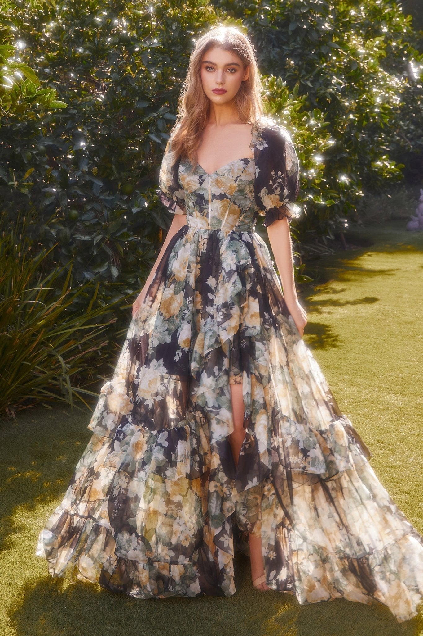 Sweetheart Minuet Ruffle Floral Printed Organza High Low Gown #A1336