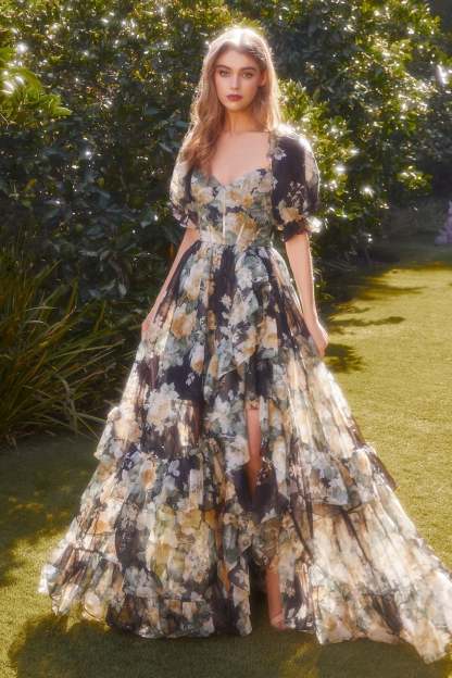 Sweetheart Minuet Ruffle Floral Printed Organza High Low Gown #A1336