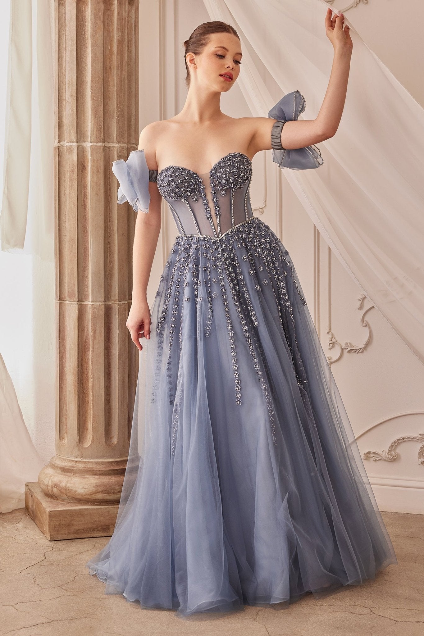 Elegance A-Line Plunging V-Neck Strapless Layered Tulle Gown #A1338