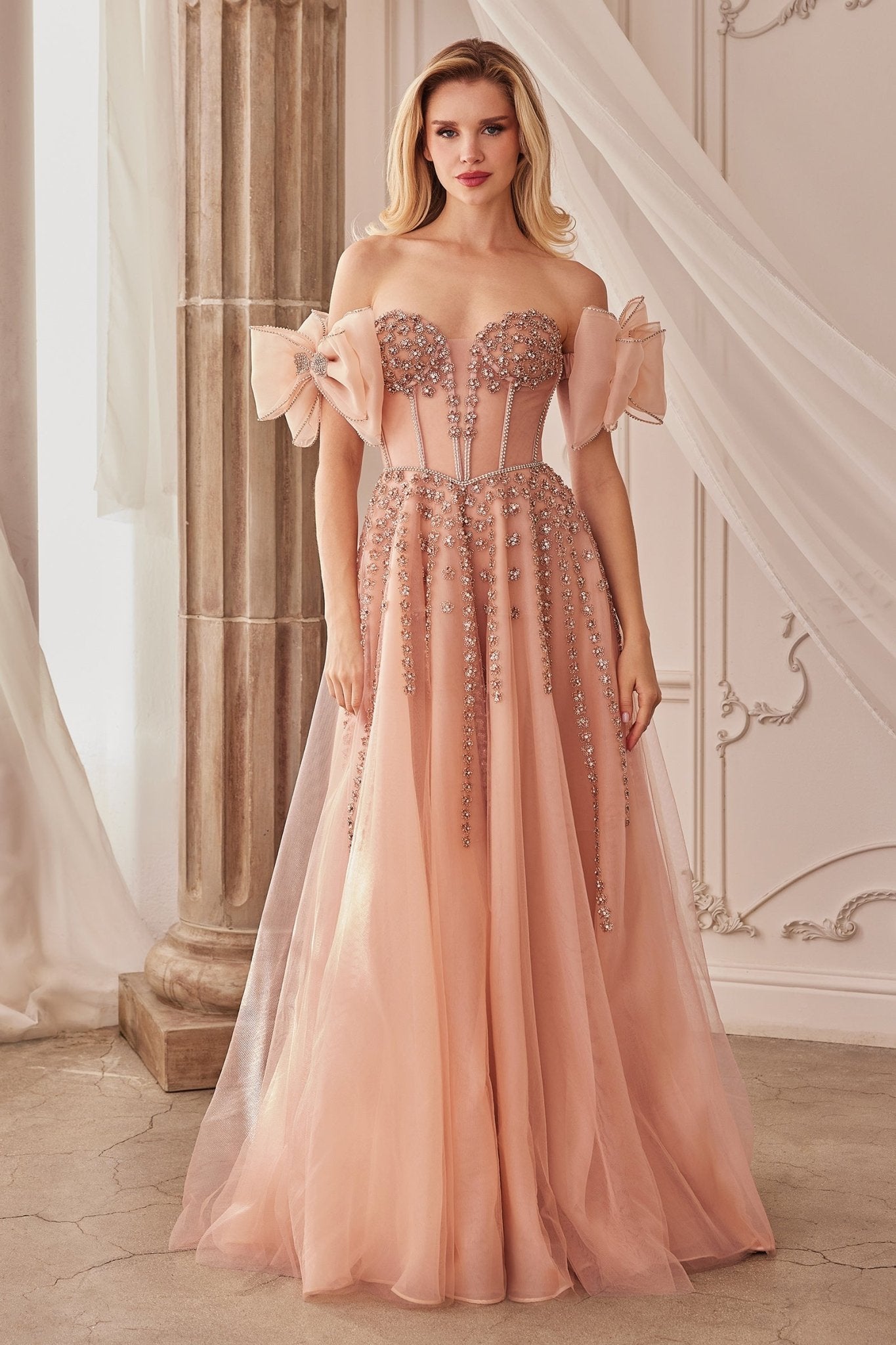 Elegance A-Line Plunging V-Neck Strapless Layered Tulle Gown #A1338