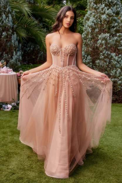 Elegance A-Line Plunging V-Neck Strapless Layered Tulle Gown #A1338