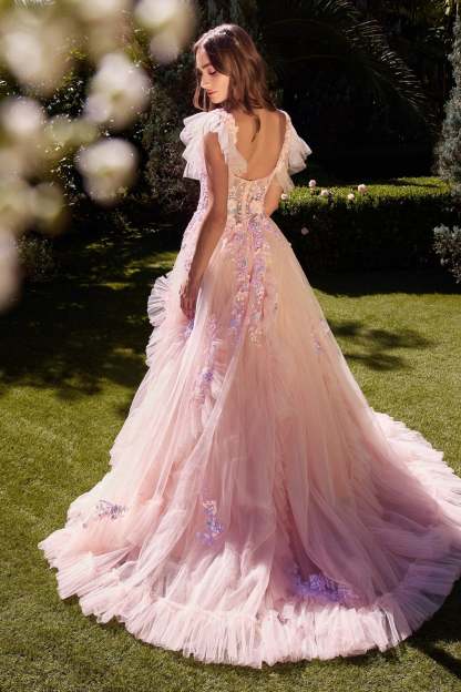 Strapless Sheer Bodice Ruffles Blush Lace Appliques Ball Gown #A1340