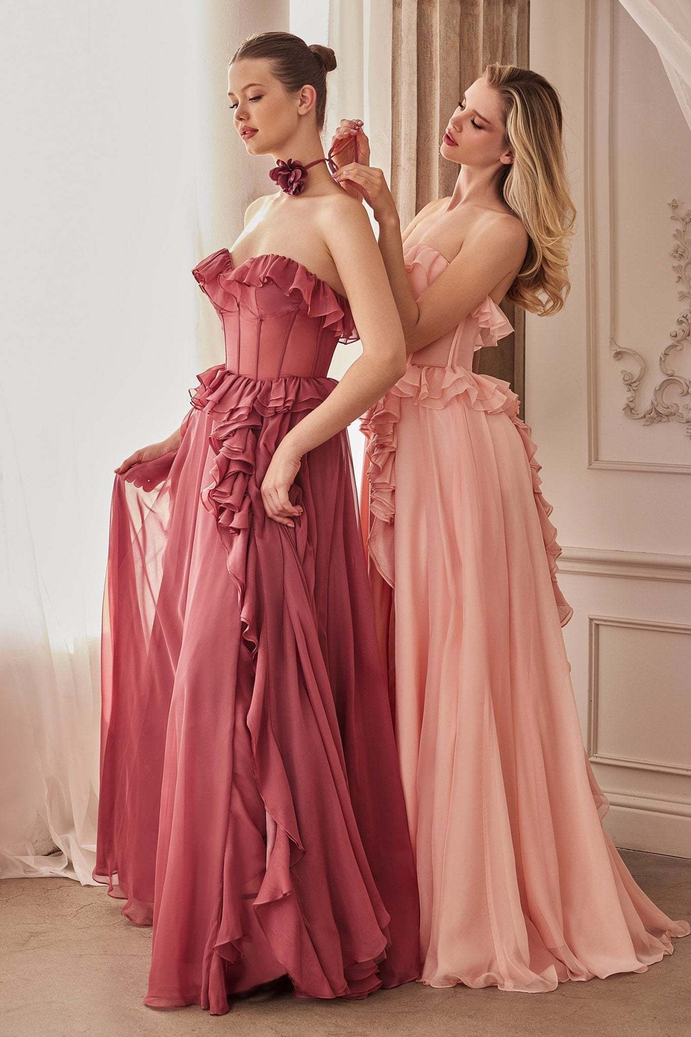 A-Line Sweetheart Strapless Ruffles Chiffon Layer Gown #A1341