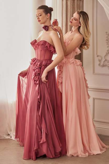 A-Line Sweetheart Strapless Ruffles Chiffon Layer Gown #A1341