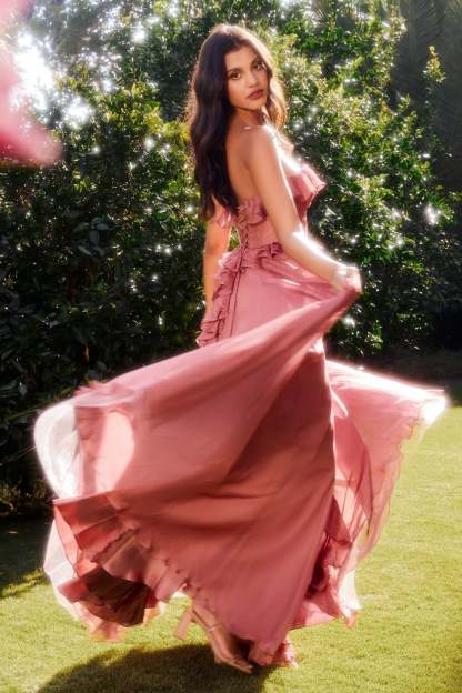 A-Line Sweetheart Strapless Ruffles Chiffon Layer Gown #A1341